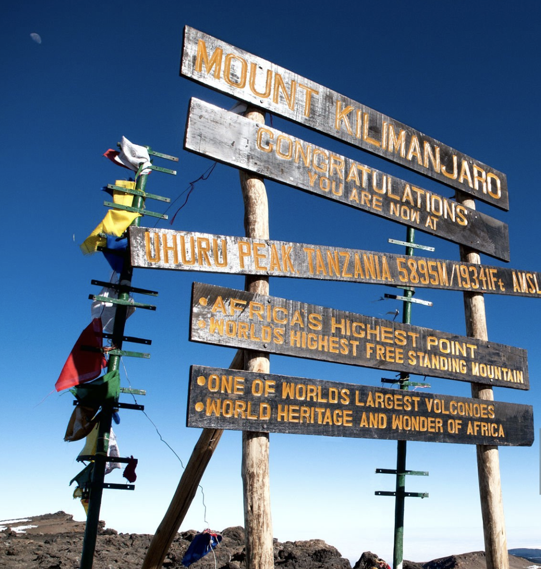 Uhuru Peak summit sign at Mount Kilimanjaro on Lemosho route